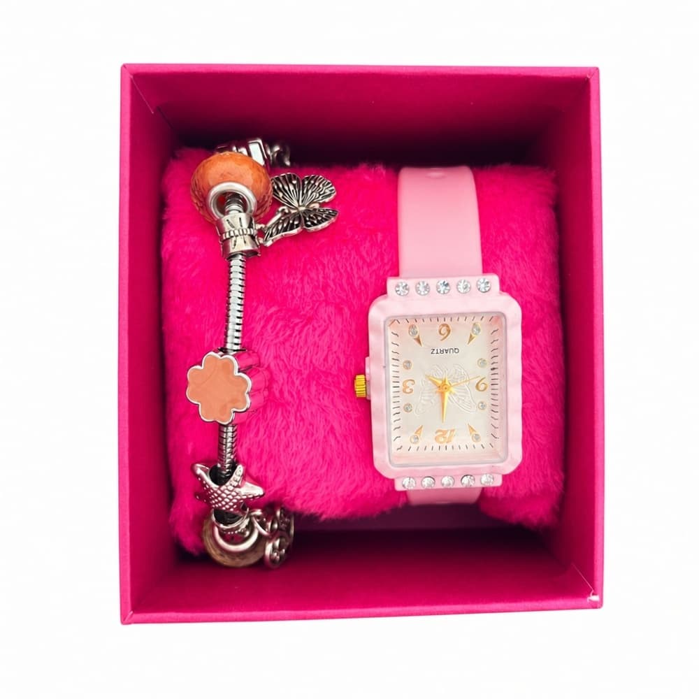 KIT RELOGIO PULSEIRA ROSA QUADRADO