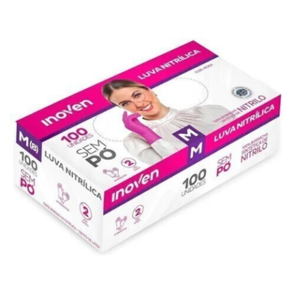 CAIXA DE LUVA INOVEN NITRILICA SEM PÓ ROSA 100UN- M