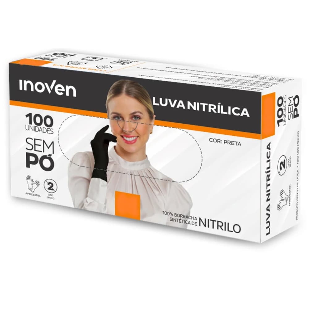 CAIXA DE LUVA INOVEN NITRILICA SEM PÓ PRETA 100UN- G